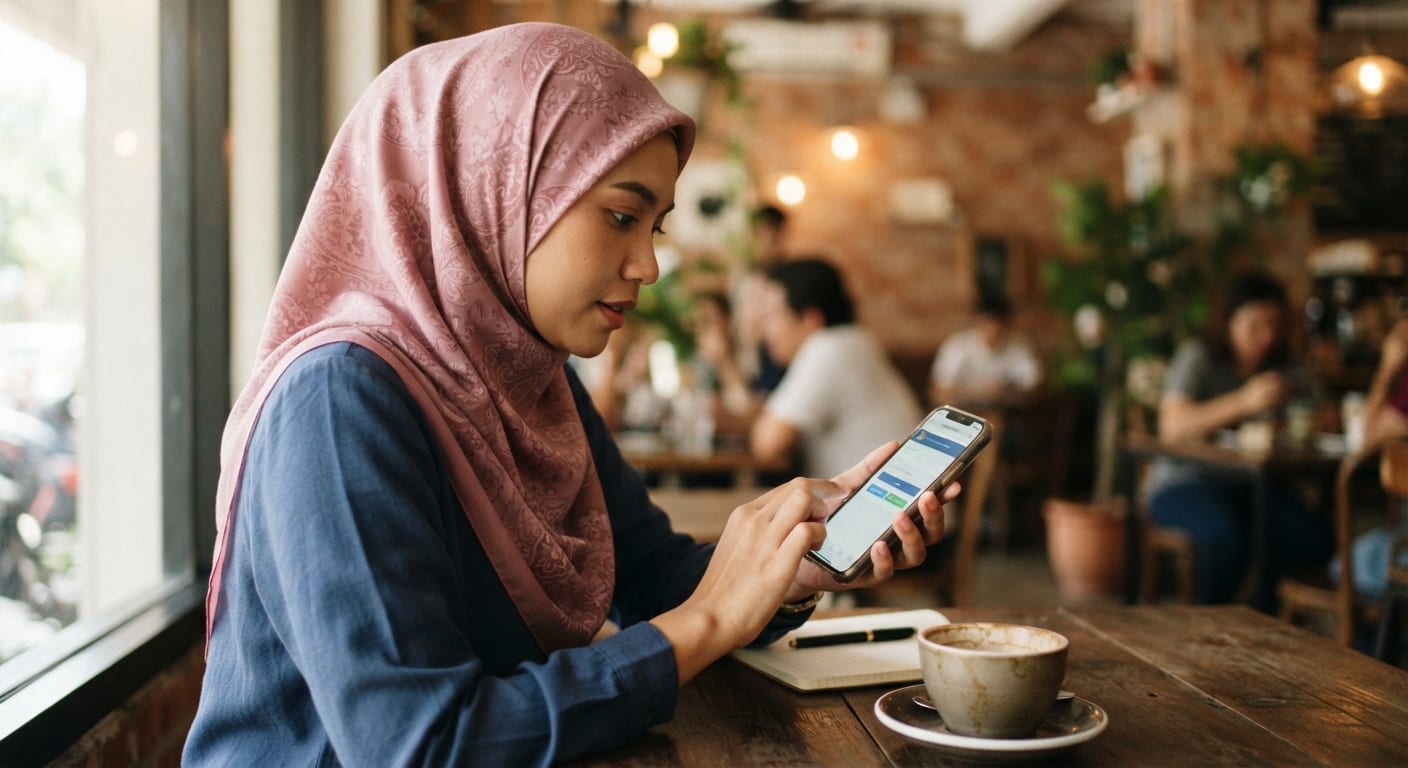 Seorang wanita menggunakan telefon pintar untuk mengakses perkhidmatan kerajaan dalam talian