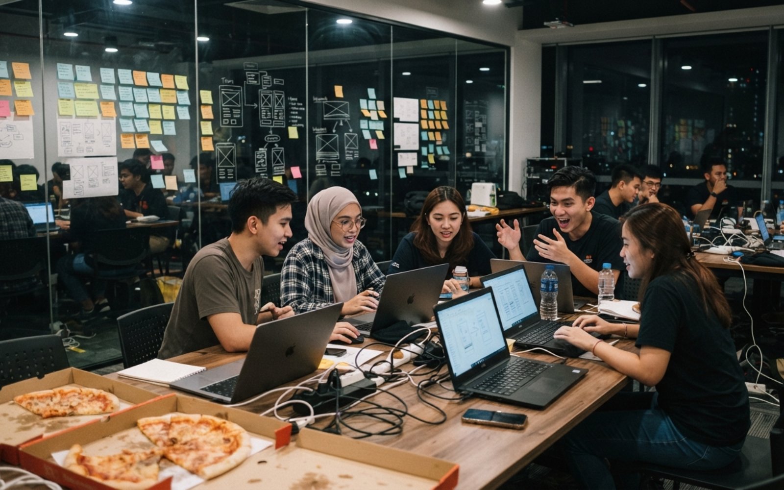 Pasukan belia bekerja dengan komputer riba semasa hackathon