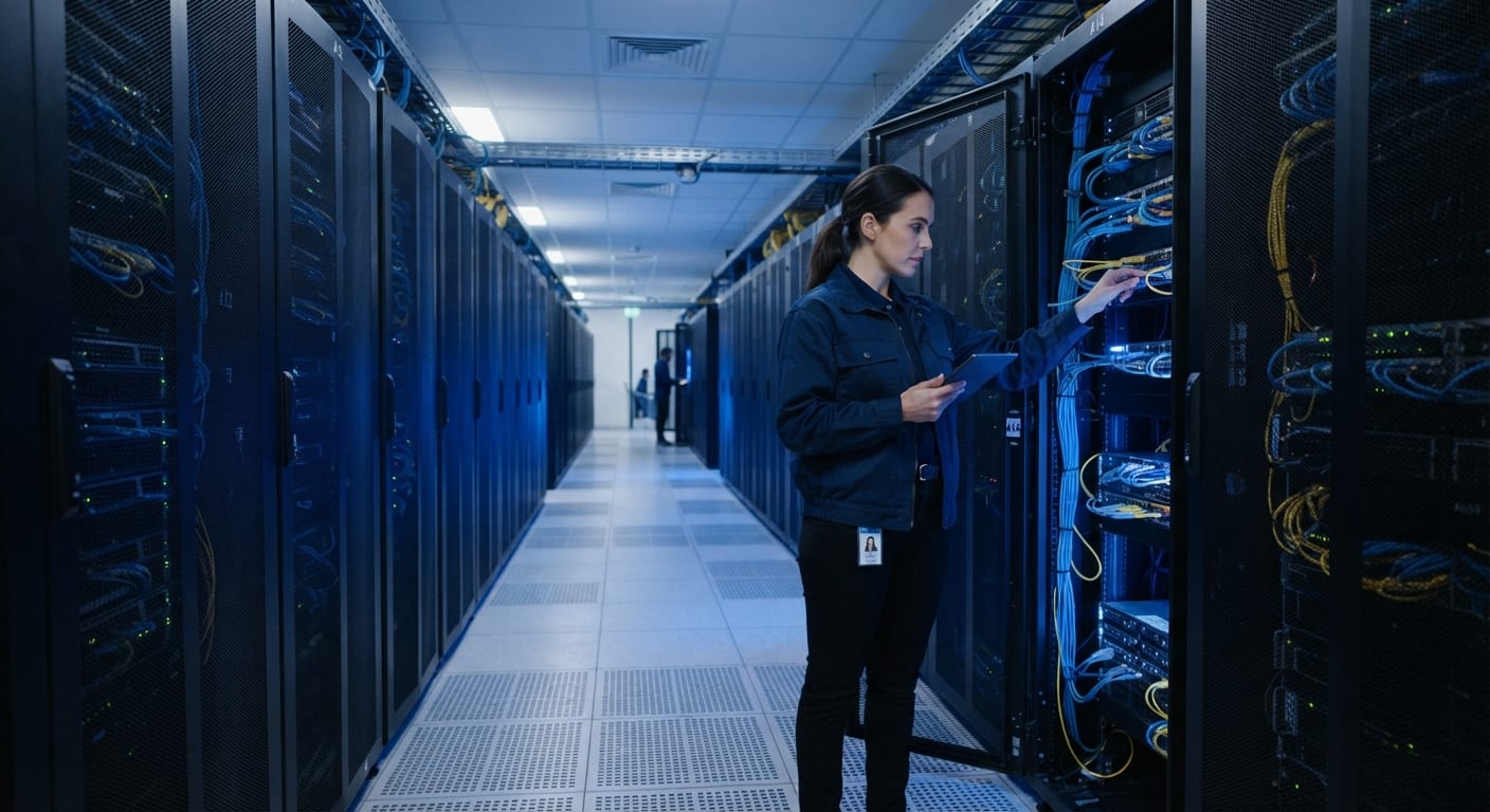 Jurutera memeriksa rak pelayan di pusat data kerajaan