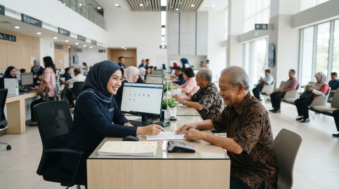 Pegawai khidmat pelanggan membantu seorang warga emas di kaunter perkhidmatan