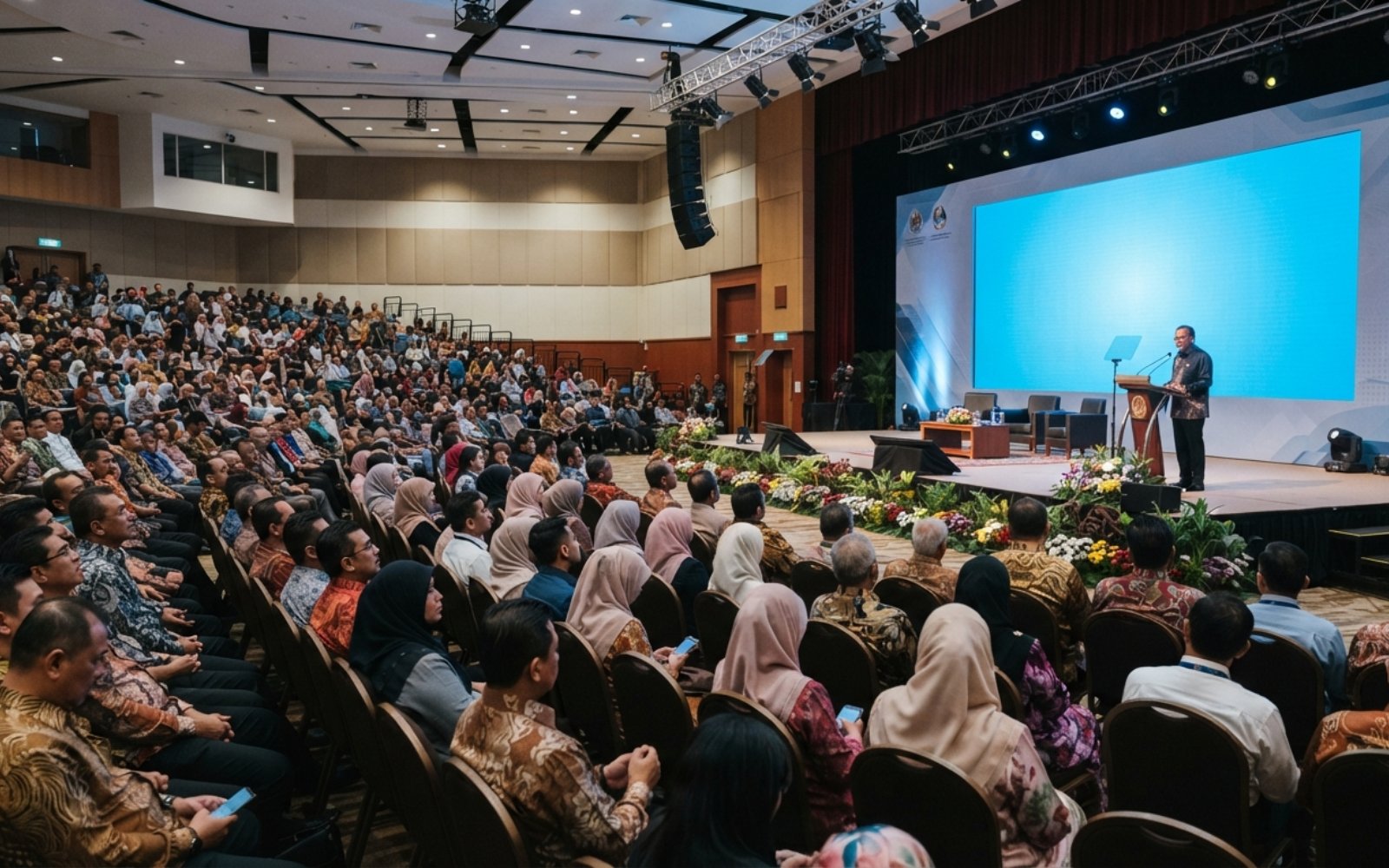 Peserta persidangan menghadap pentas utama di dewan konvensyen